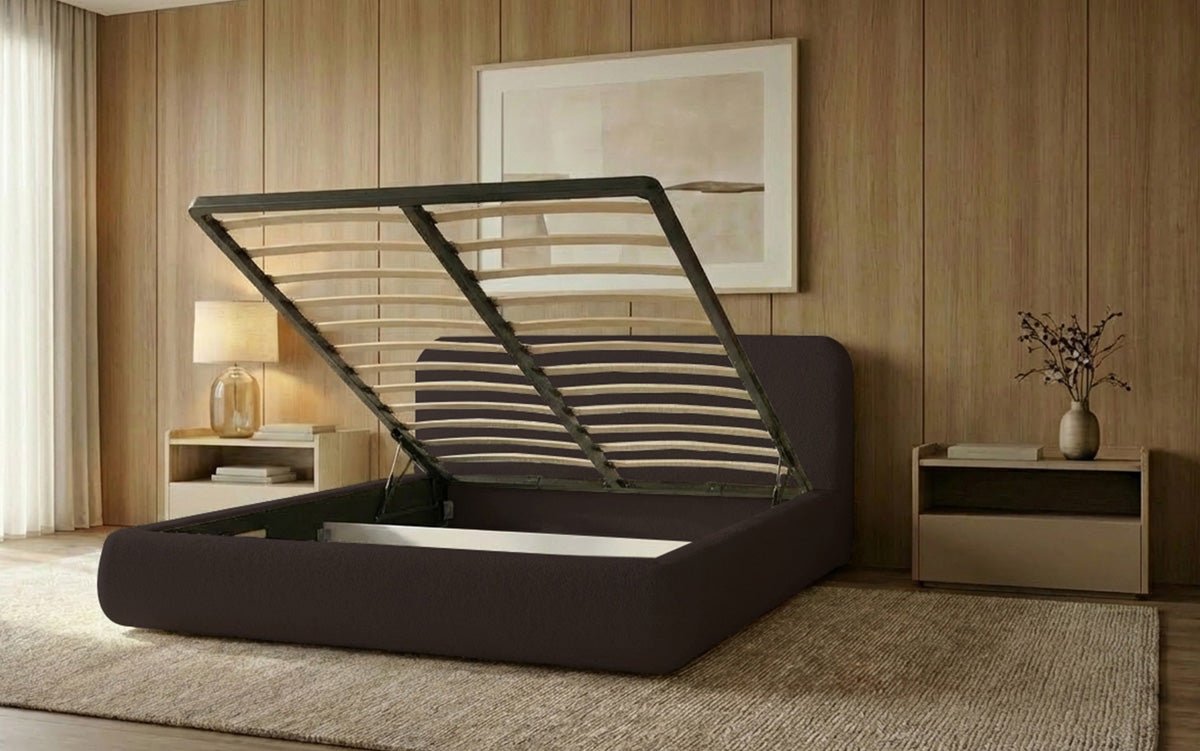 Designer Polsterbett Arosa in Bouclé mit Stauraum