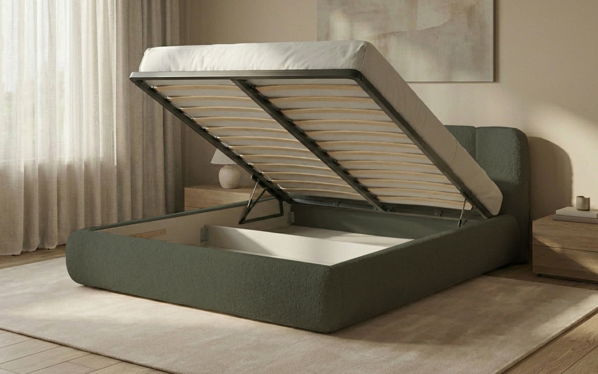 Designer Polsterbett Avelo in Bouclé mit Stauraum