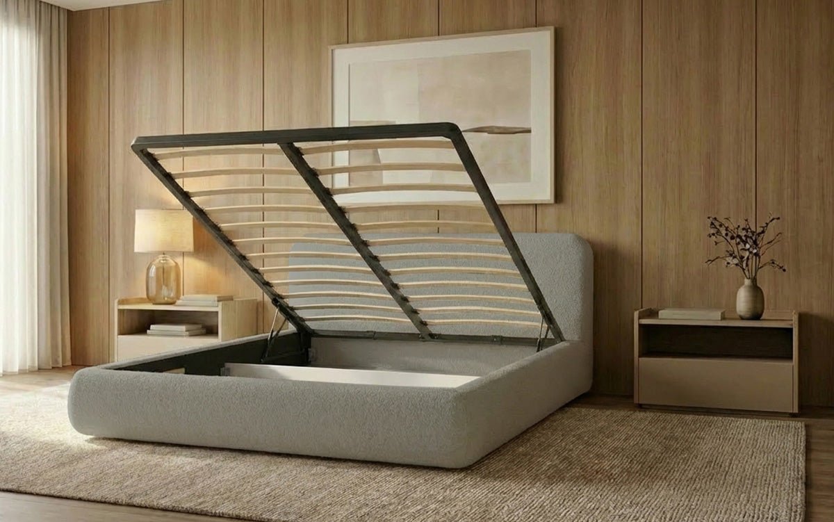 Designer Polsterbett Arosa in Bouclé mit Stauraum