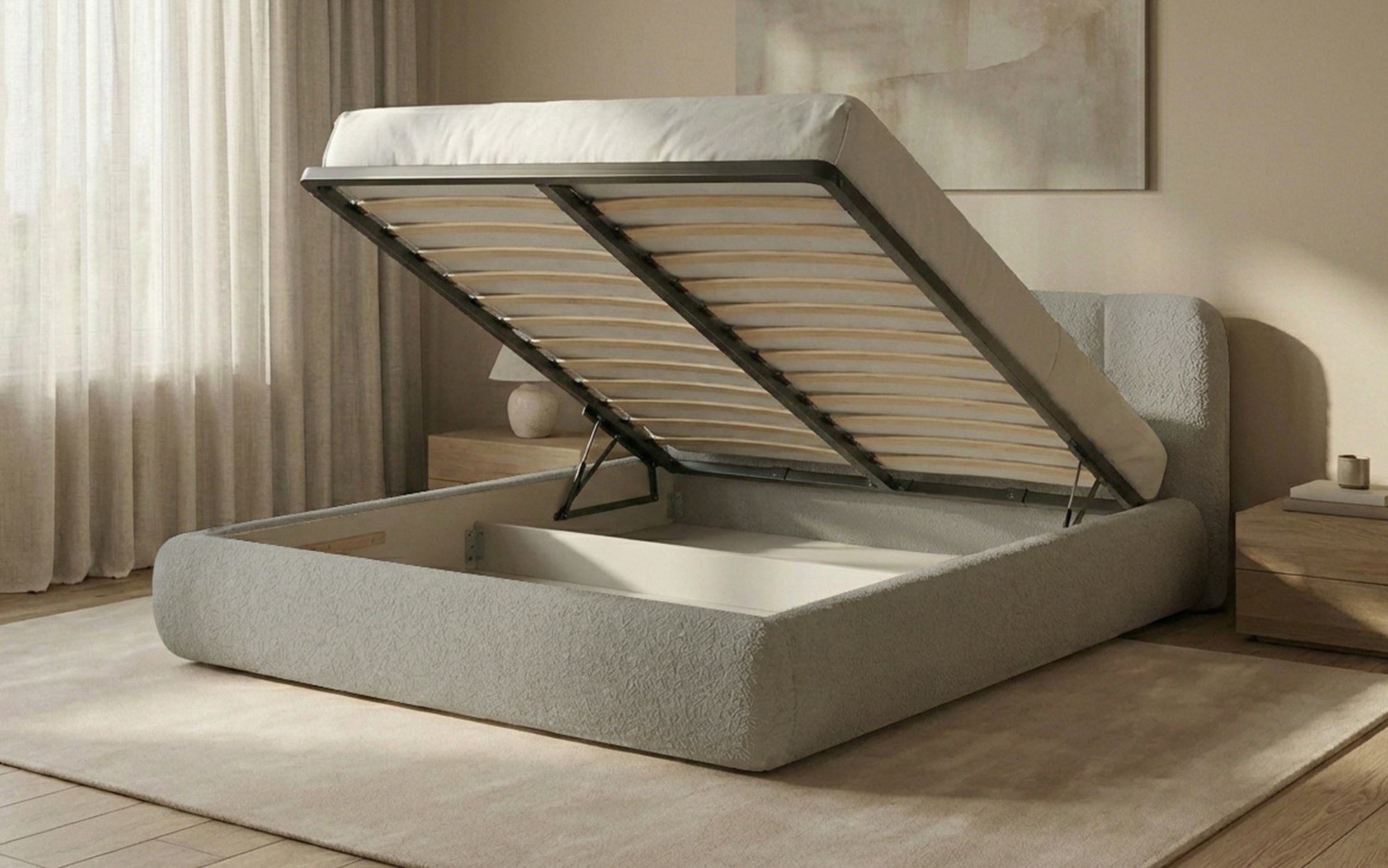 Designer Polsterbett Avelo in Bouclé mit Stauraum