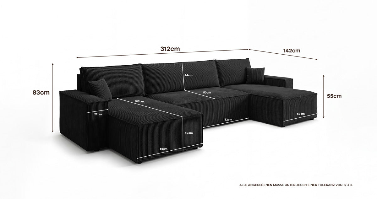 Designer Sofa Lunaro U Mini mit Schlaffunktion und Stauraum in Cord