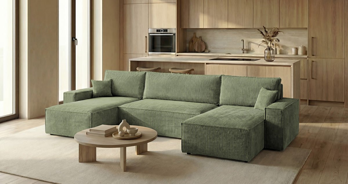 Designer Sofa Lunaro U Mini mit Schlaffunktion und Stauraum in Cord