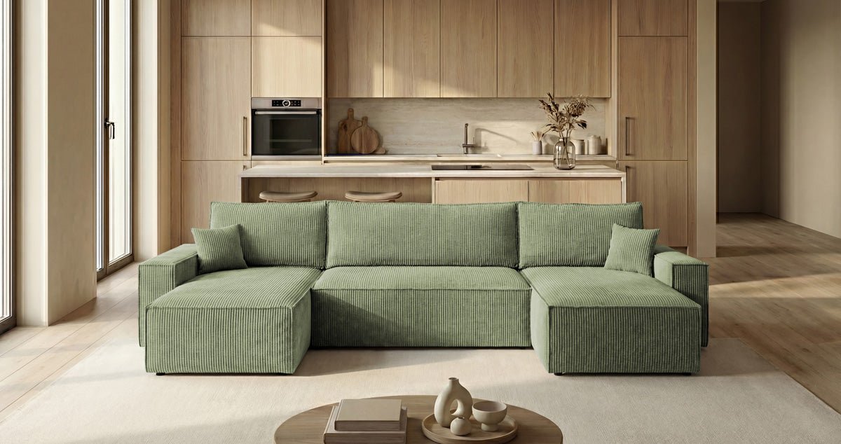 Designer Sofa Lunaro U Mini mit Schlaffunktion und Stauraum in Cord