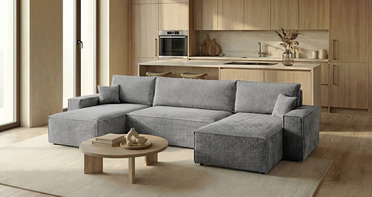 Designer Sofa Lunaro U Mini mit Schlaffunktion und Stauraum in Cord