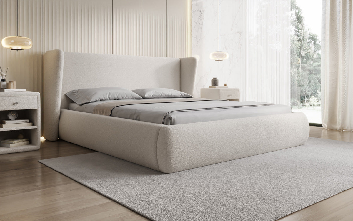 Designer Polsterbett Rosalie in Teddy Bouclé mit Stauraum