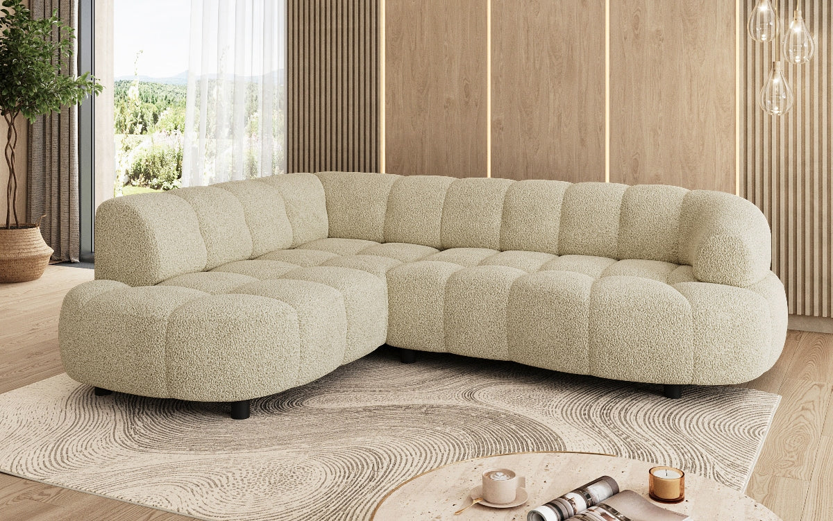 Designer Sofa Olivia Mini in Teddy Bouclé mit elektrischer Sitzerweiterung