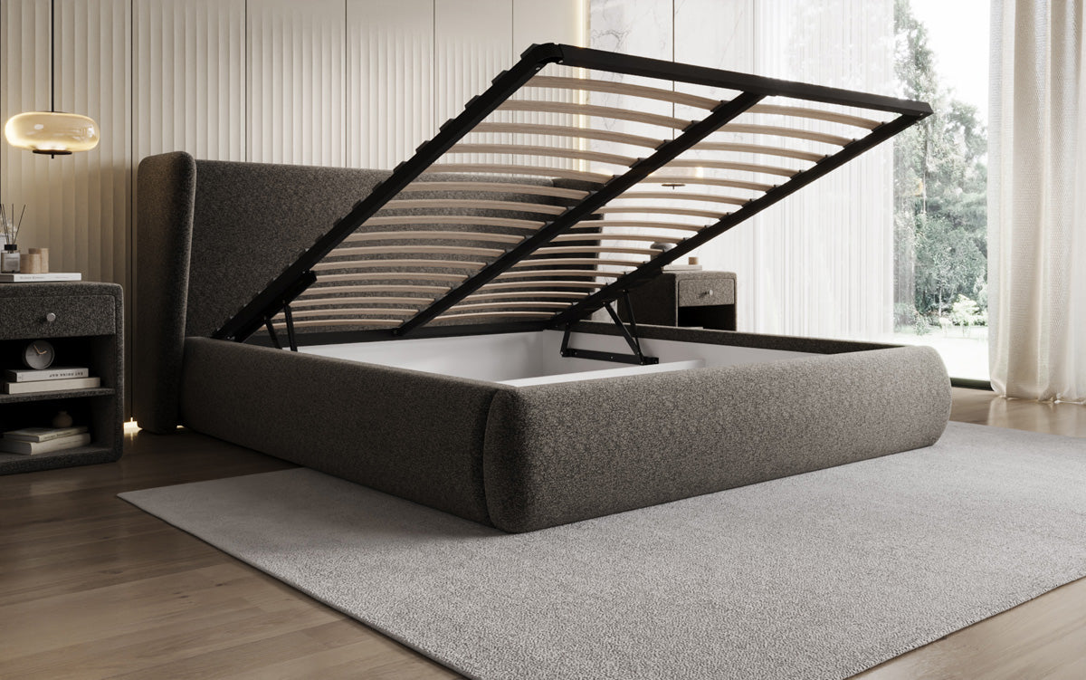 Designer Polsterbett Rosalie in Strukturstoff mit Stauraum