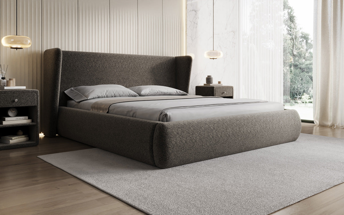 Designer Polsterbett Rosalie in Strukturstoff mit Stauraum
