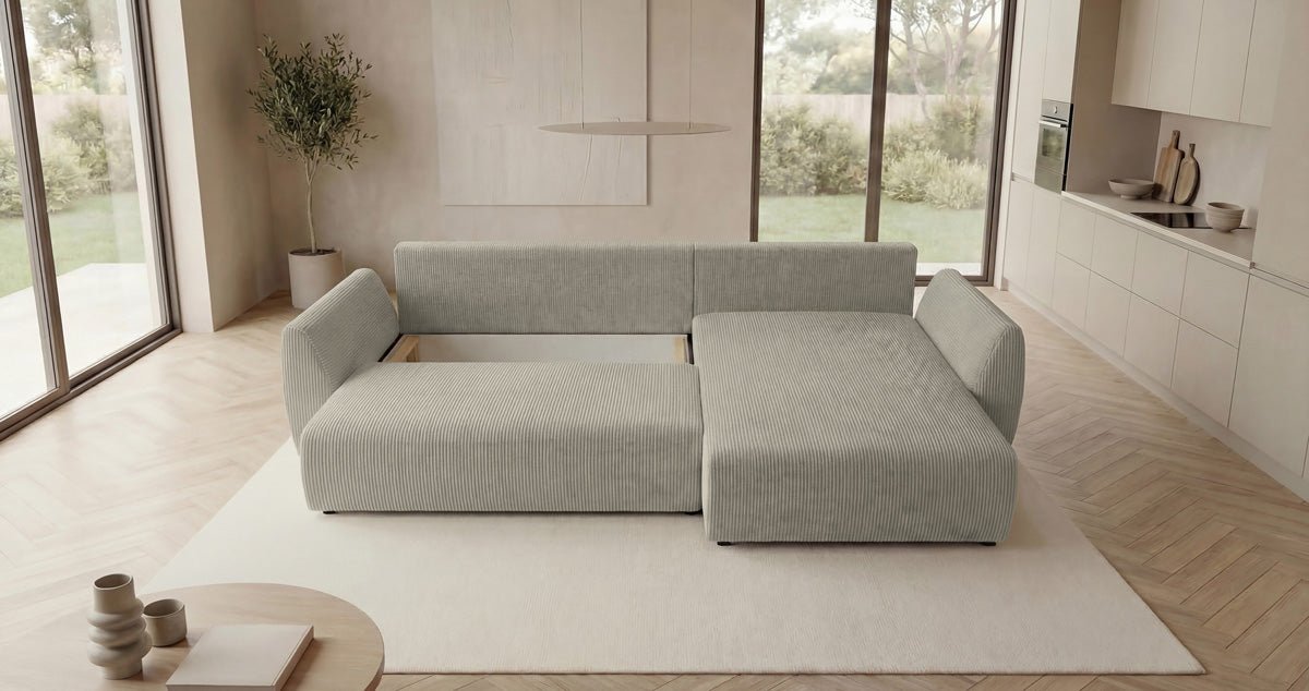 Designer Sofa Lenoa L mit Schlaf- und Klappfunktion in Cord