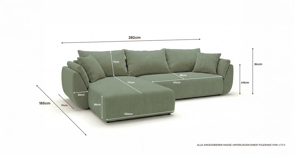 Designer Sofa Lenoa L mit Schlaf- und Klappfunktion in Cord