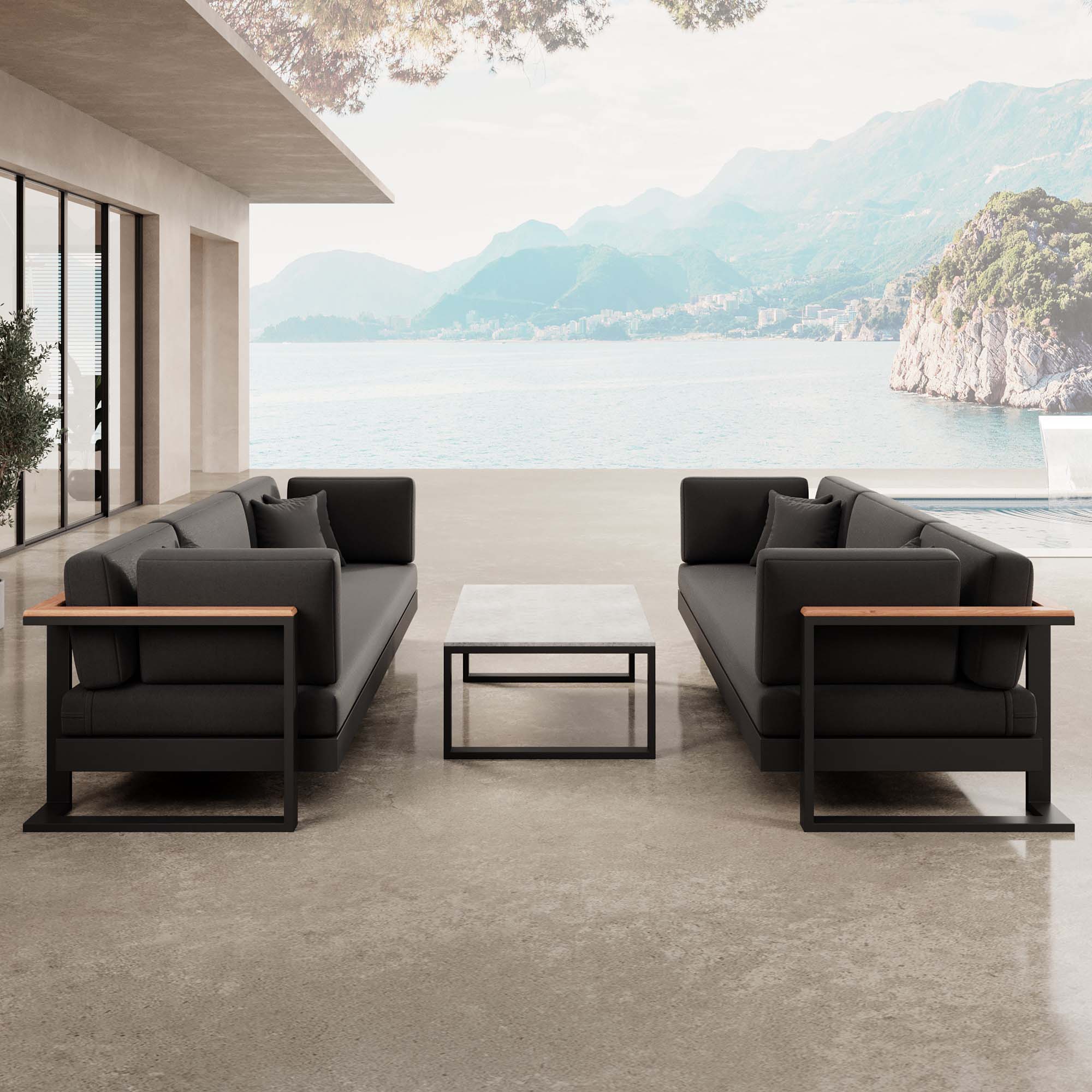 Vayla – 2 Dreisitzer & Tisch aus schwarzem Aluminium | Aevora™ Kollektion