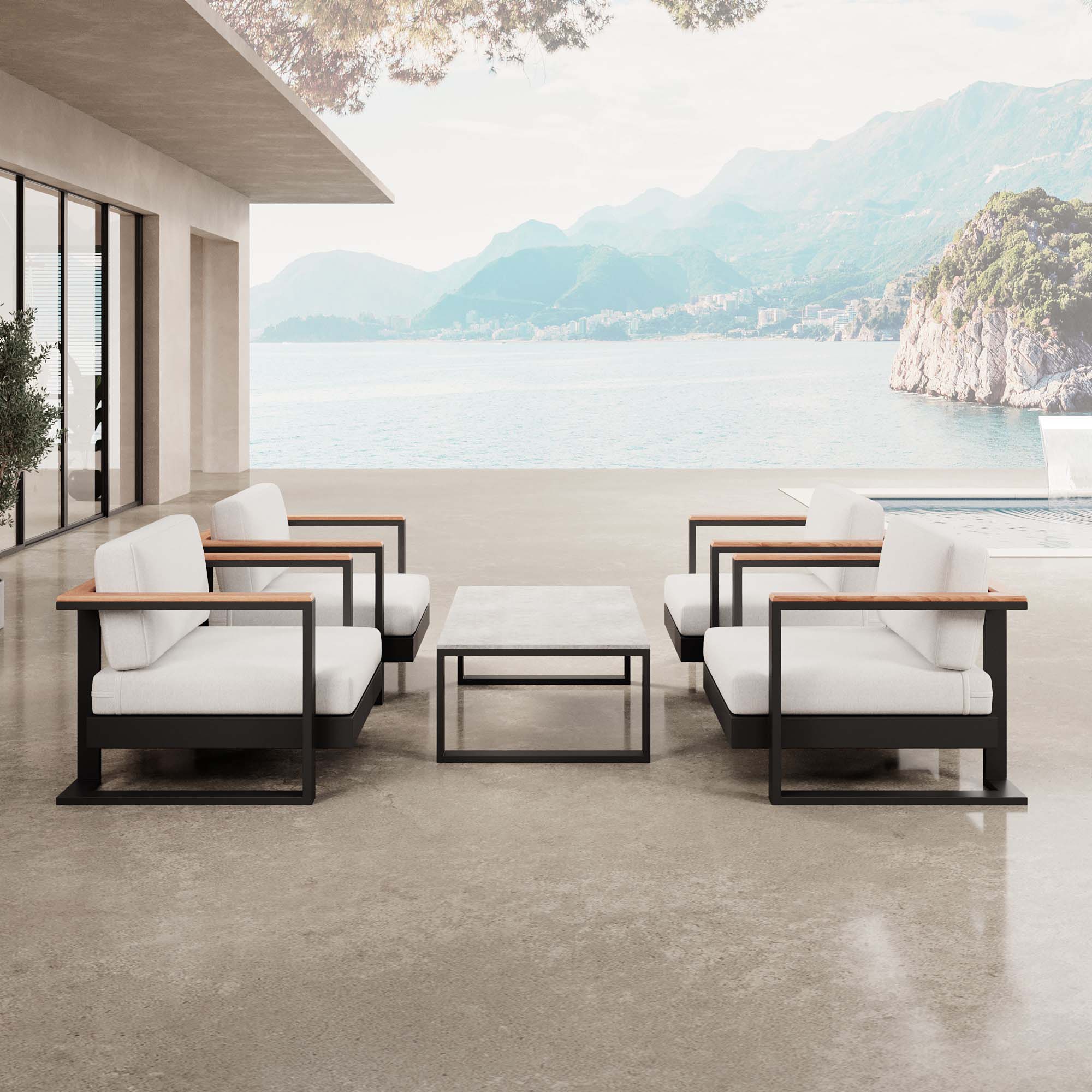 Vayla – 4 Loungesessel & Tisch aus schwarzem Aluminium | Aevora™ Kollektion