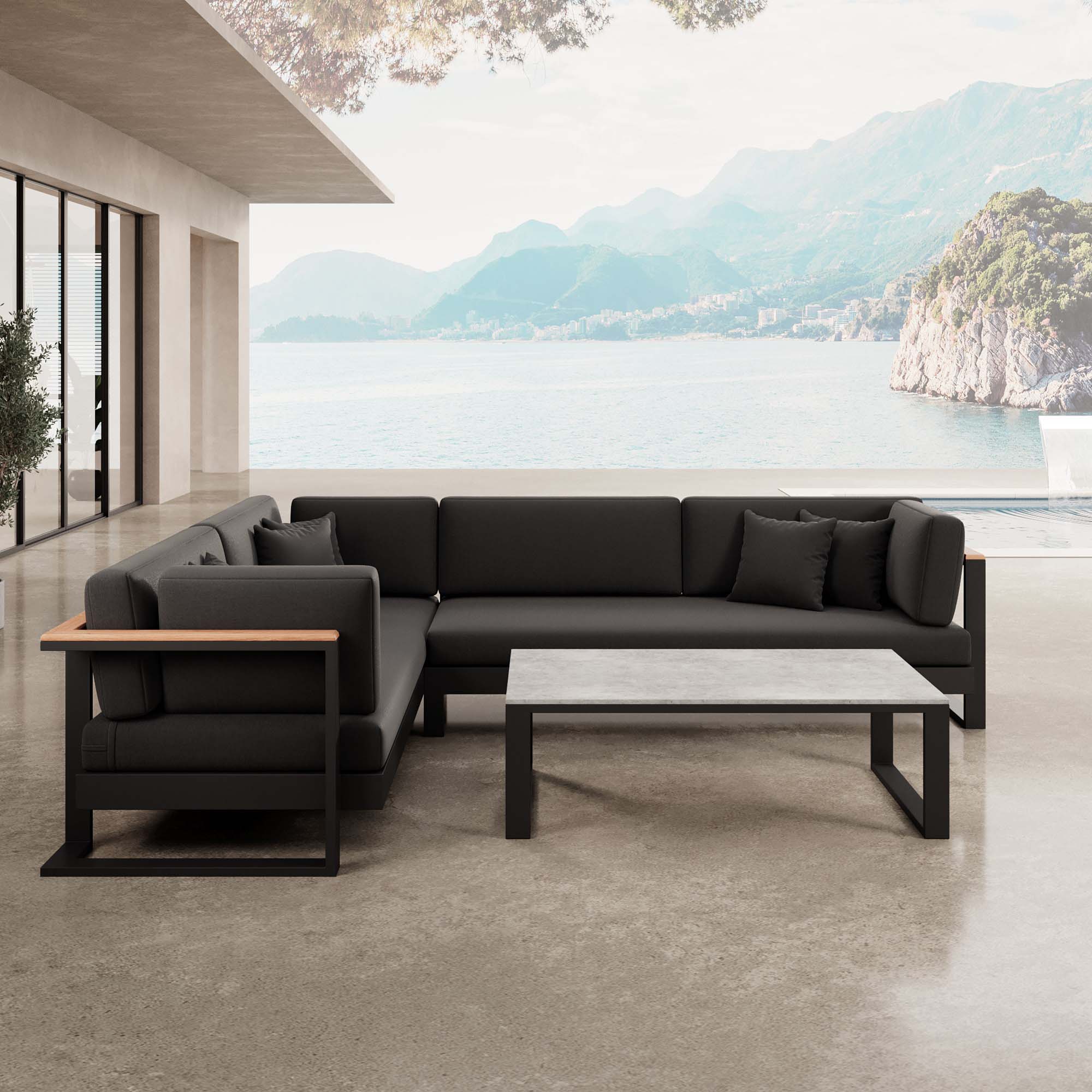 Vayla – L-Form Outdoor Sofa & Tisch in schwarzem Aluminium | Aevora™ Kollektion