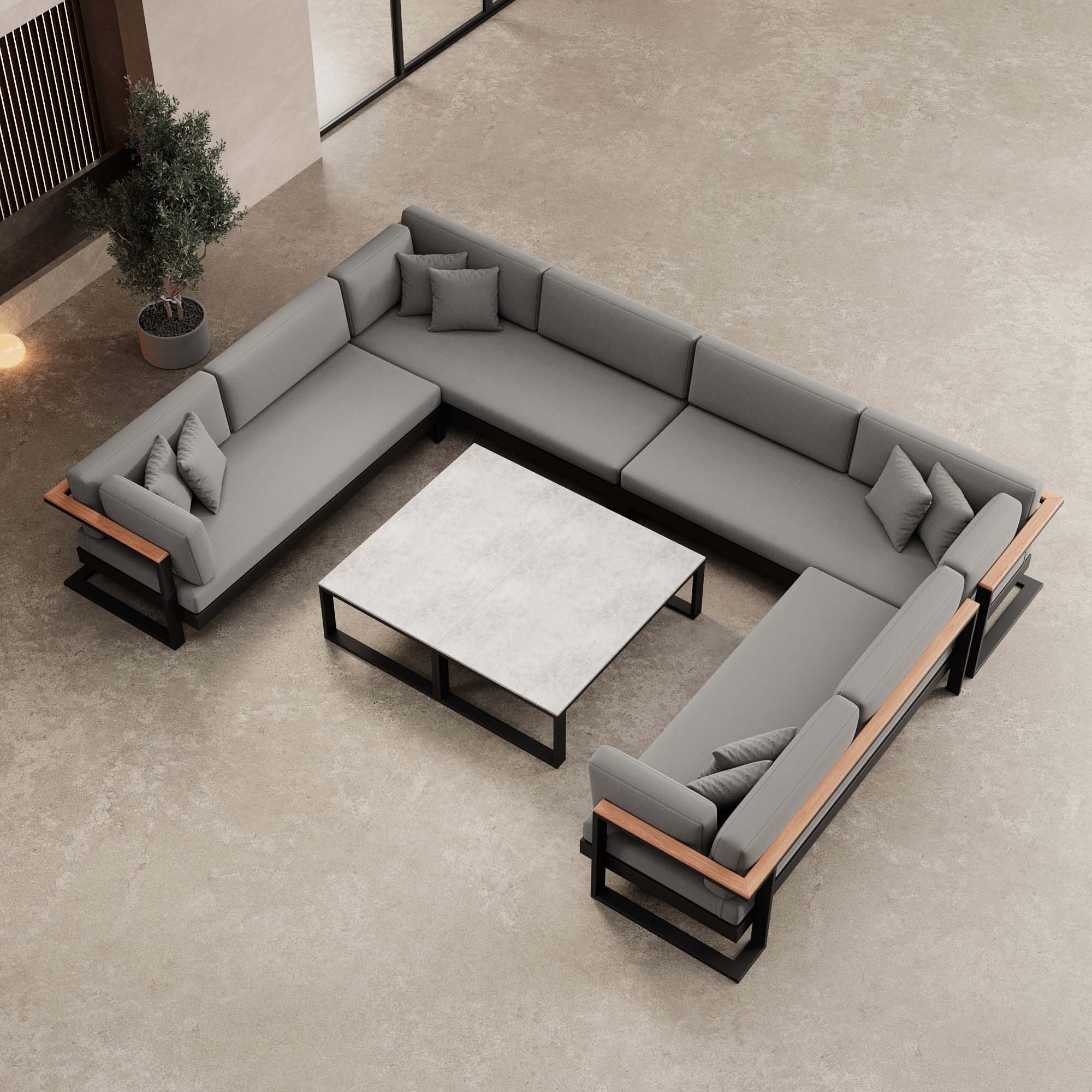 Vayla – Wohnlandschaft in U-Form mit Tisch aus schwarzem Aluminium | Aevora™ Kollektion