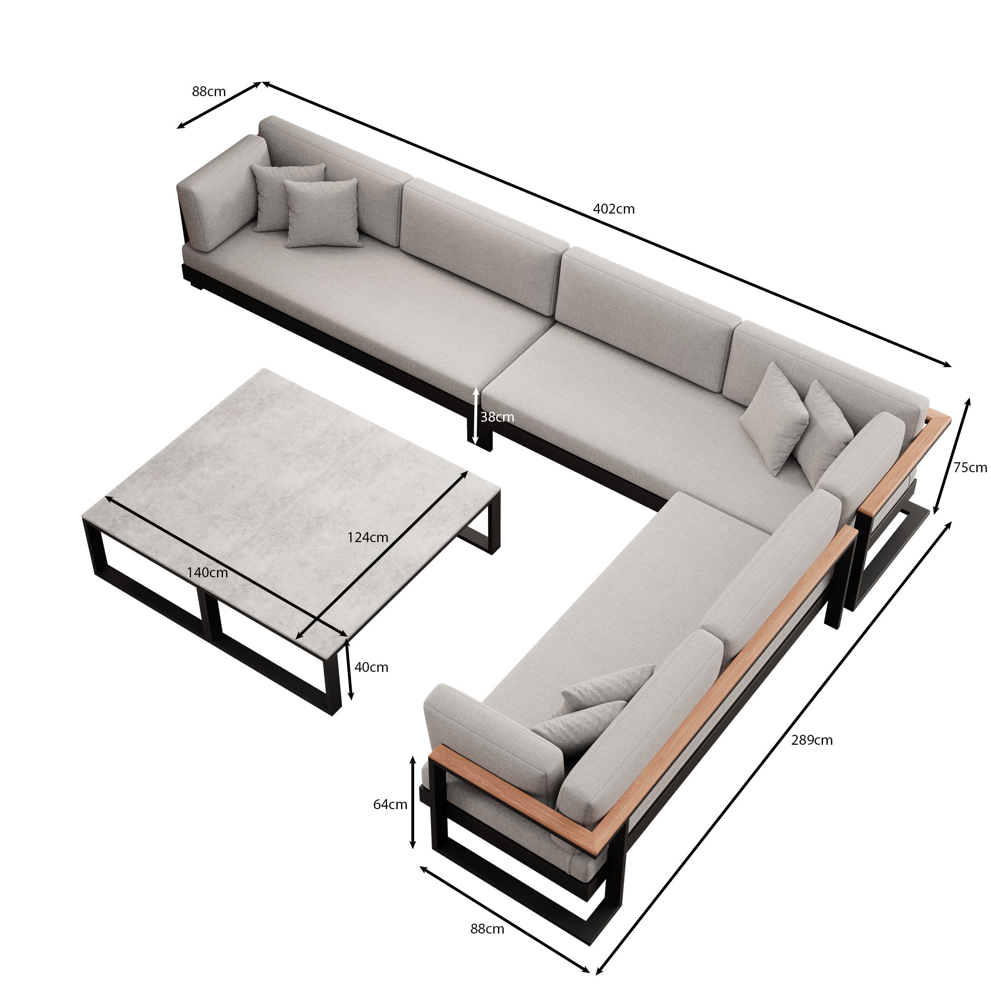Vayla – Wohnlandschaft mit Doppeltisch & Ecksofa aus schwarzem Aluminium | Aevora™ Kollektion
