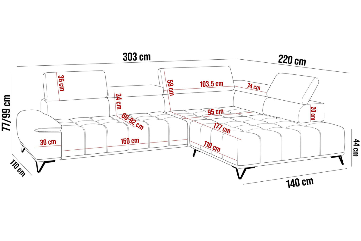 Ecksofa Volo – Maßzeichnung mit allen Abmessungen