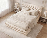 Designer Polsterbett Rivo in Samt mit Stauraum – Beige