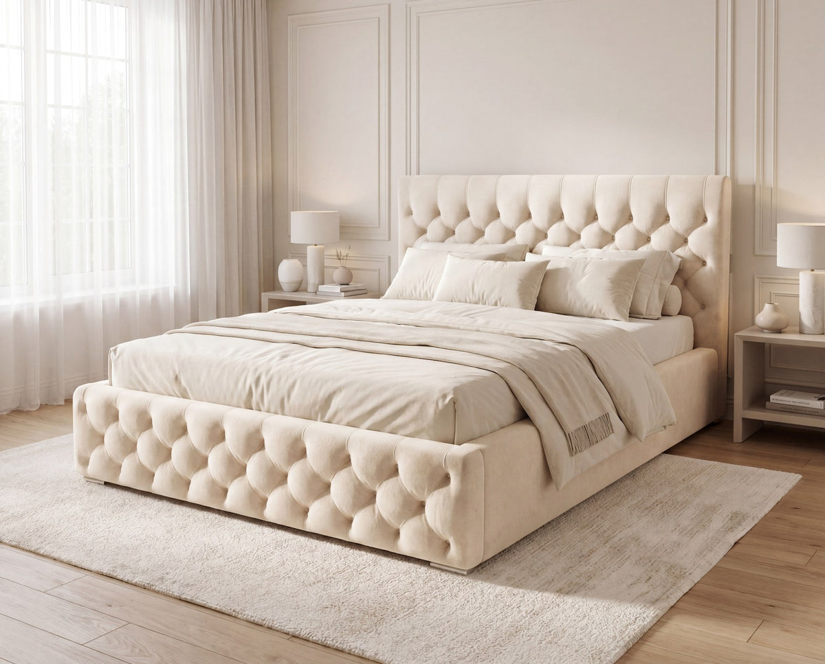 Designer Polsterbett Rivo in Samt mit Stauraum – Beige
