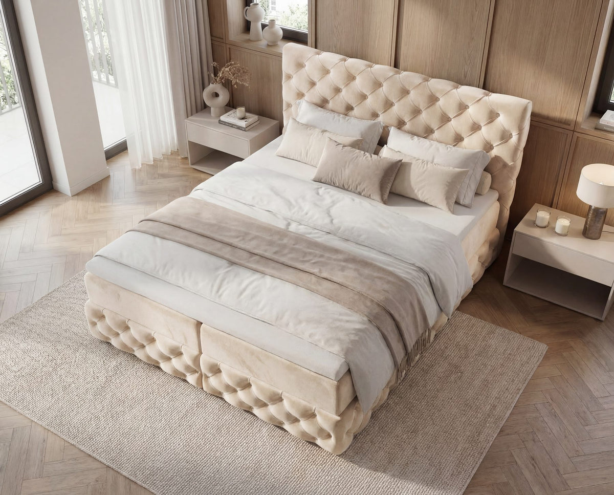 Boxspringbett Castella Samt mit Stauraum – Beige