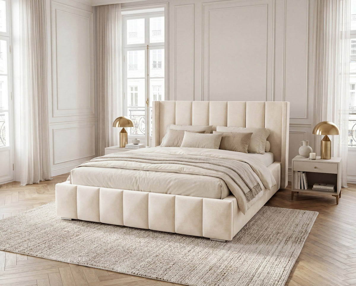 Designer Polsterbett Viola in Samt – Beige