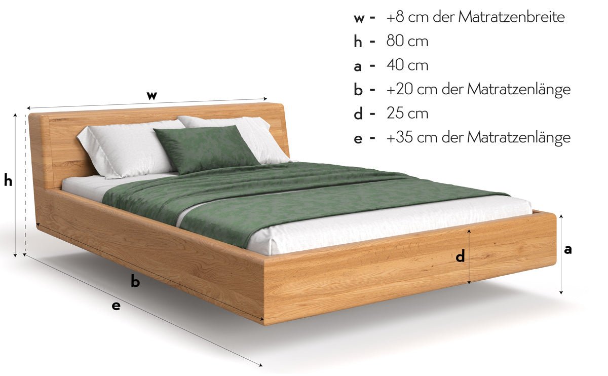 Designer Holzbett Arvelo aus massiver Eiche in Schwebeoptik und geneigtem Headboard
