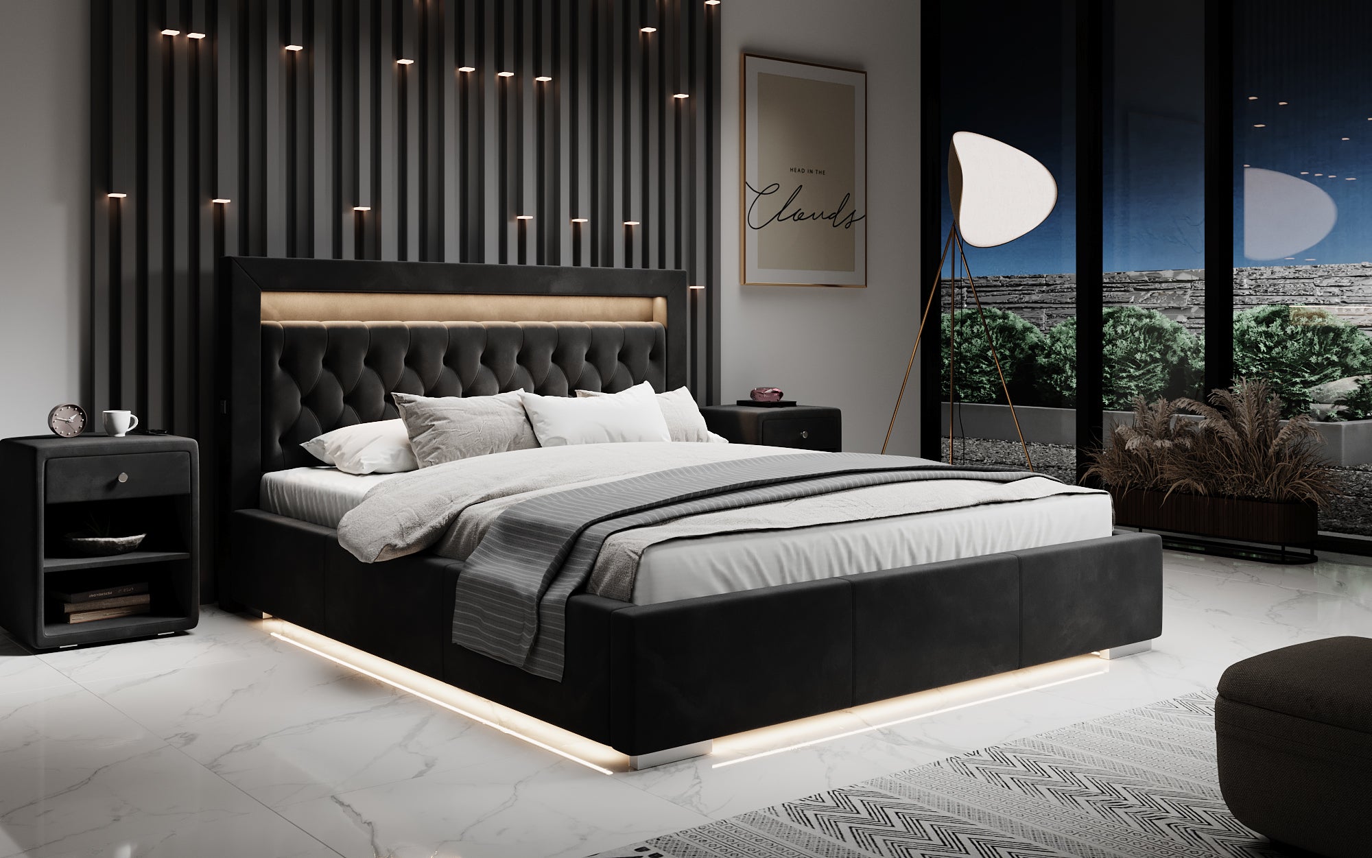 bett mit aufbewahrung 200x200 OUTLET-Designer Polsterbett Ida inkl. RGB, USB und Stauraum/200x200 /Schwarz/H3
