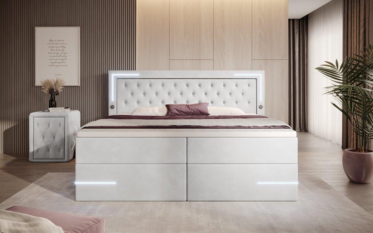 Boxspringbett Carlotta mit LED, Stauraum und USB (Samt) - Luxusbetten24