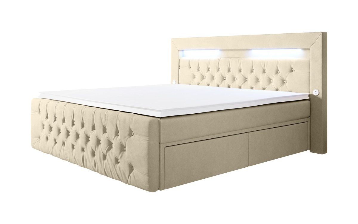 Boxspringbett Sunshine mit indirekter Beleuchtung, USB und Stauraum - Luxusbetten24