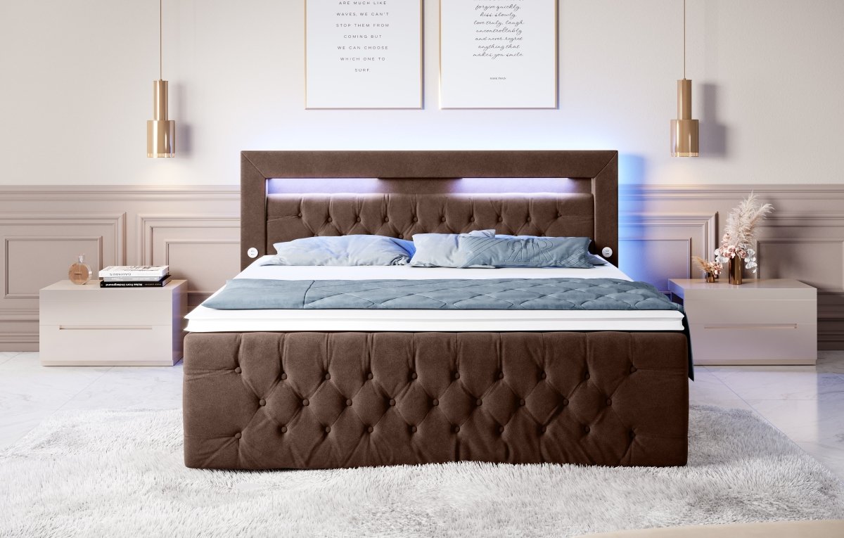 Boxspringbett Sunshine mit indirekter Beleuchtung, USB und Stauraum - Luxusbetten24