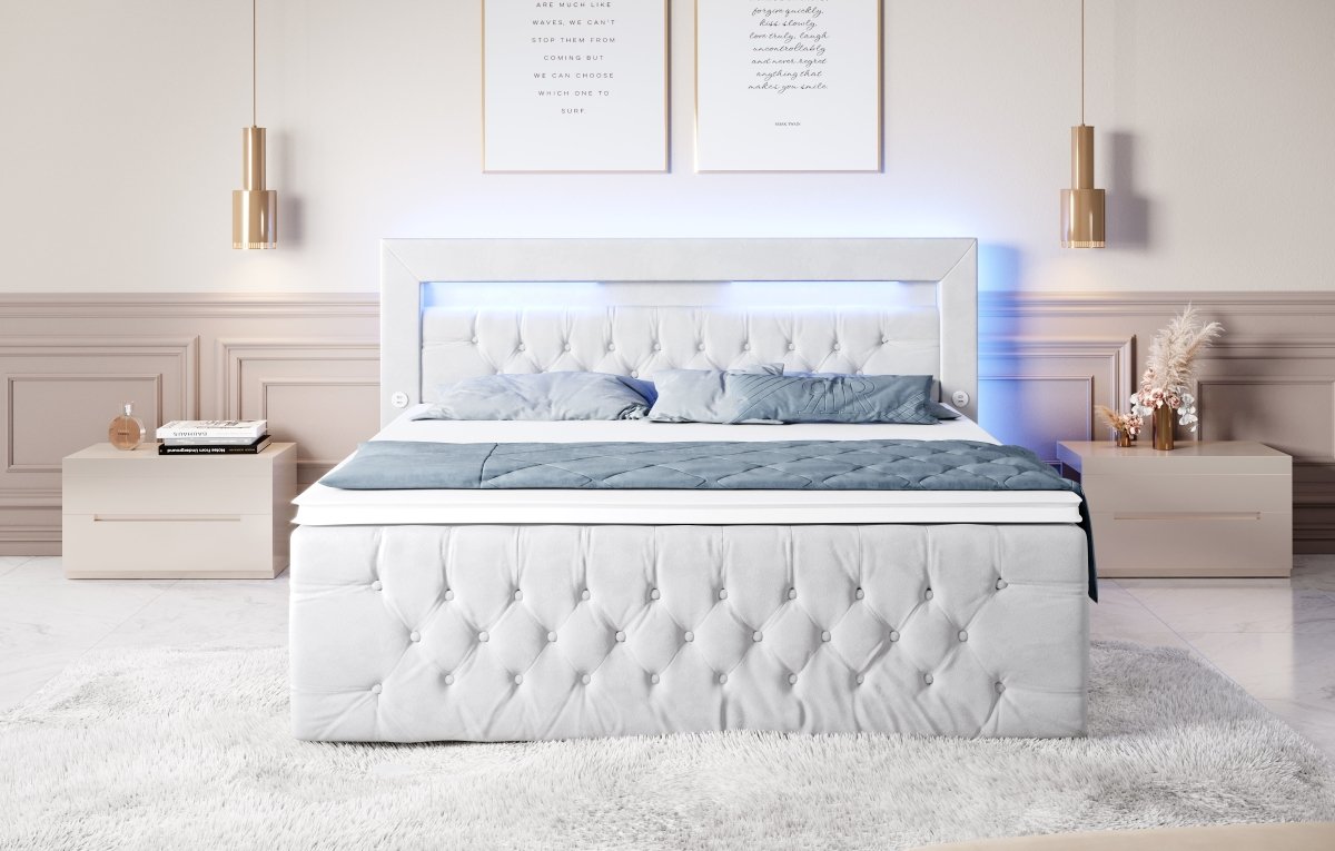 Boxspringbett Sunshine mit indirekter Beleuchtung, USB und Stauraum - Luxusbetten24