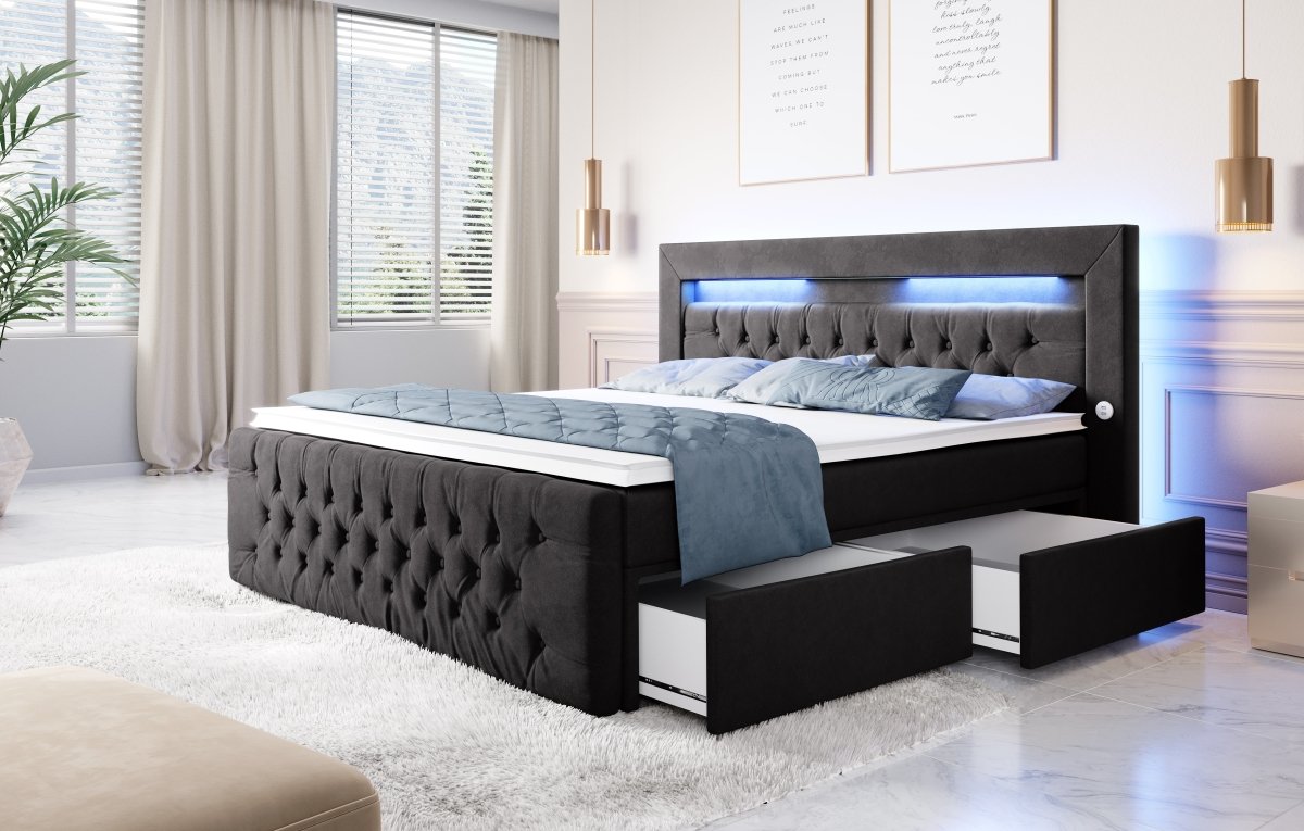 Boxspringbett Sunshine mit indirekter Beleuchtung, USB und Stauraum - Luxusbetten24