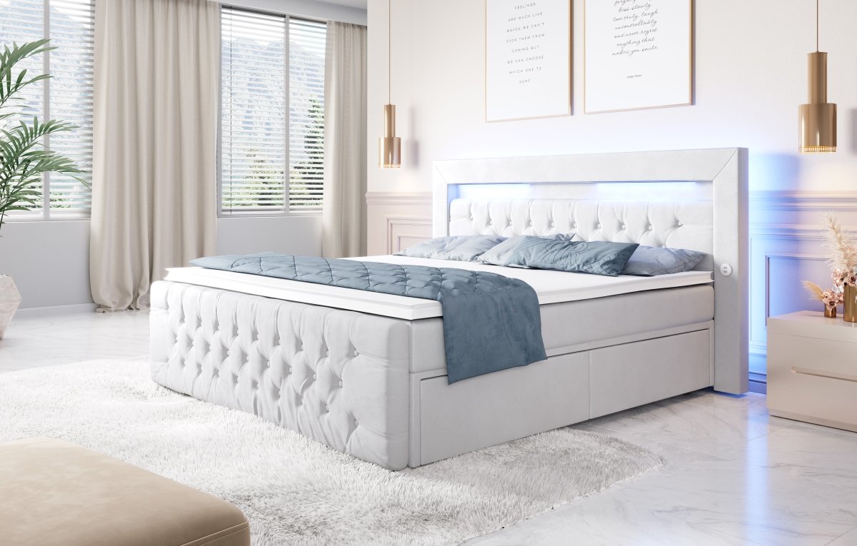 Boxspringbett Sunshine mit indirekter Beleuchtung, USB und Stauraum - Luxusbetten24