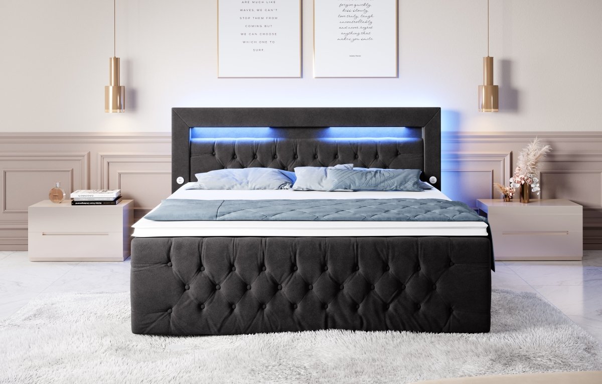 Boxspringbett Sunshine mit indirekter Beleuchtung, USB und Stauraum - Luxusbetten24