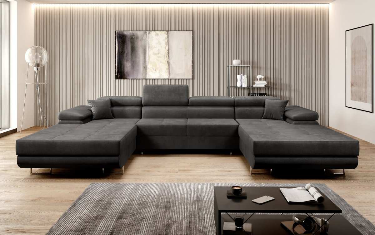 Designer Sofa Calvera U mit Schlaf- und Klappfunktion in Samt