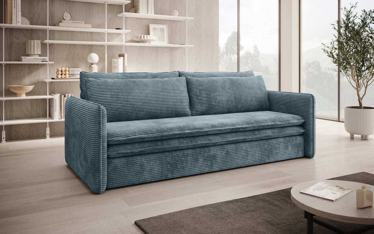Designer Sofa Tilo Slim mit Schlaf- und Klappfunktion aus Cord