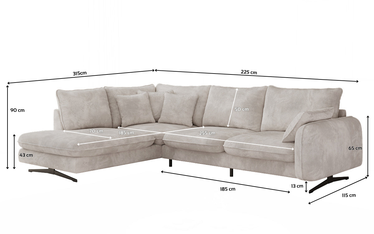 Designer Ecksofa Laguna mit Metallfüße in Cord