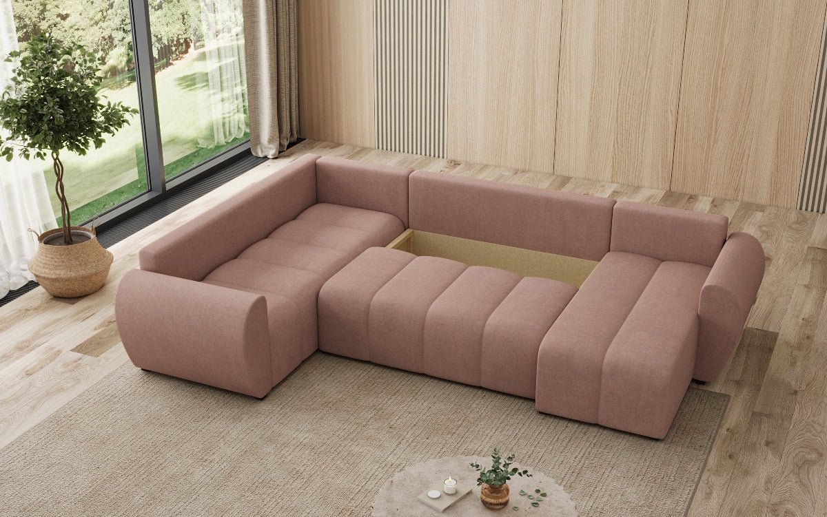 Designer Sofa Sorella U mit Schlaf- und Klappfunktion in Stoff