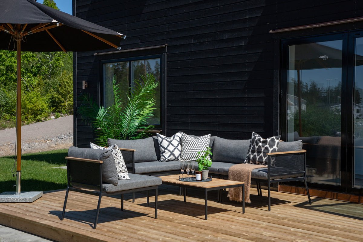 Garten Loungeset Luana – in Weiß & Schwarz mit Teak-Tisch & Polstern