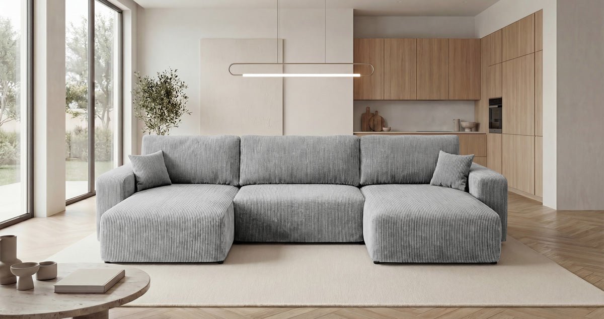 Designer Sofa Noma U mit Schlaffunktion und Stauraum in Cord