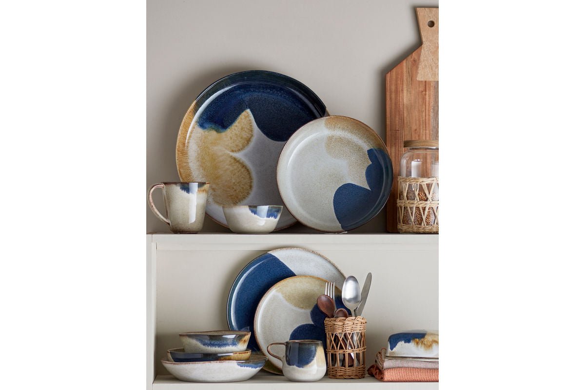 Geschirrset Vivi – Steingut mit reaktiver Glasur in Blau (12-teilig)