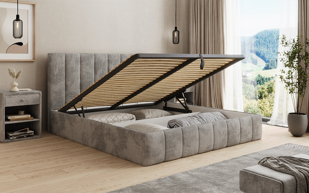 Designer Polsterbett Mila in Cord mit Stauraum