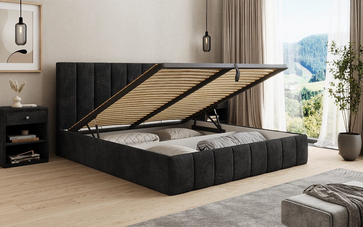 Designer Polsterbett Mila in Cord mit Stauraum