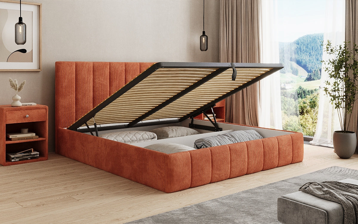 Designer Polsterbett Mila in Cord mit Stauraum