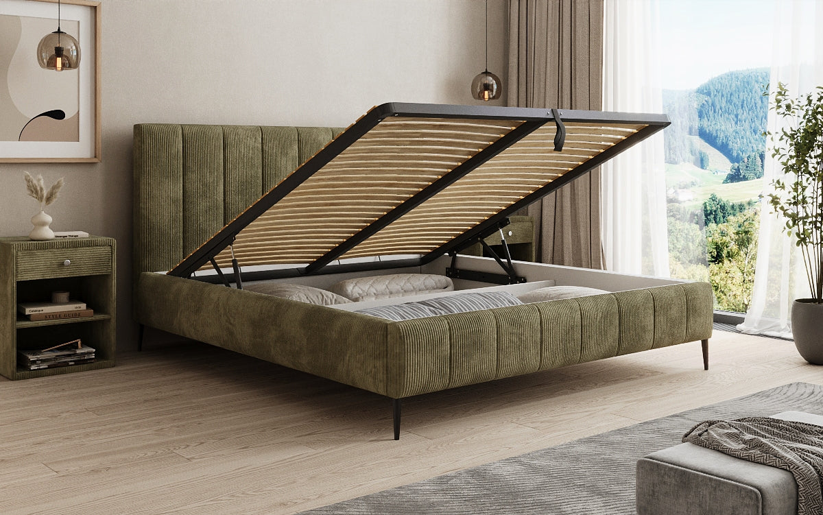 Designer Polsterbett Astrid in Cord mit Stauraum