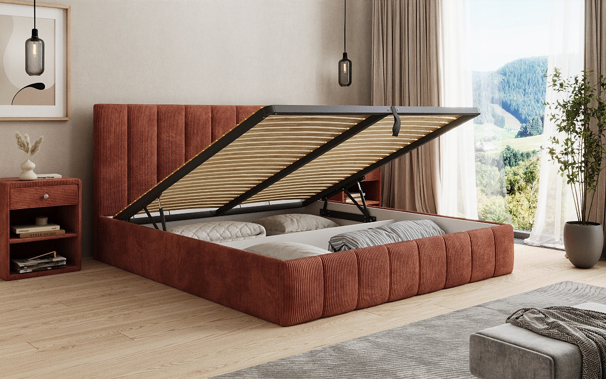 Designer Polsterbett Mila in Cord mit Stauraum