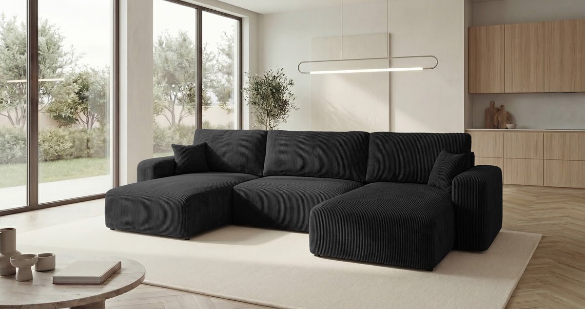 Designer Sofa Noma U mit Schlaffunktion und Stauraum in Cord