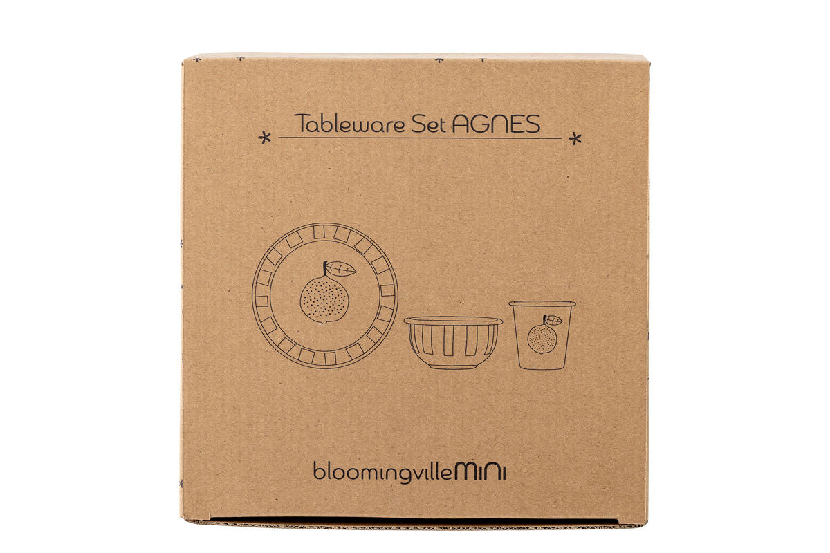 Kinder Geschirr-Set Anni – 3-teilig in Weiß mit Orangen & Streifen