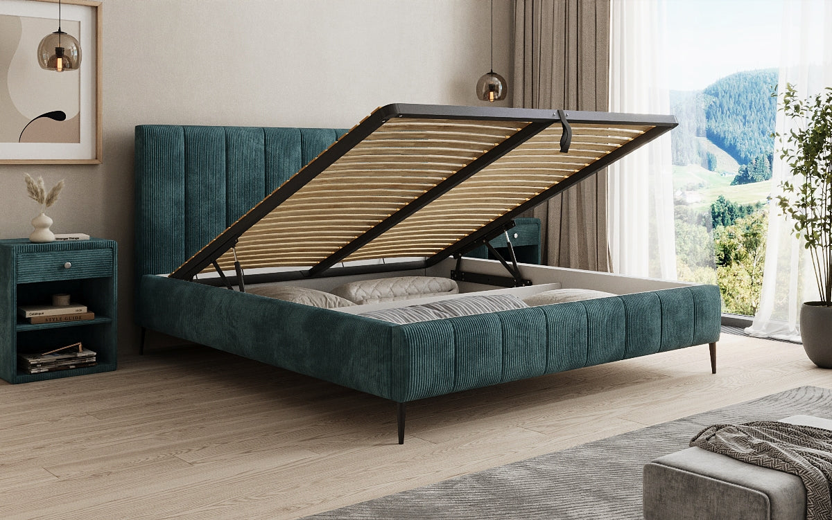 Designer Polsterbett Astrid in Cord mit Stauraum
