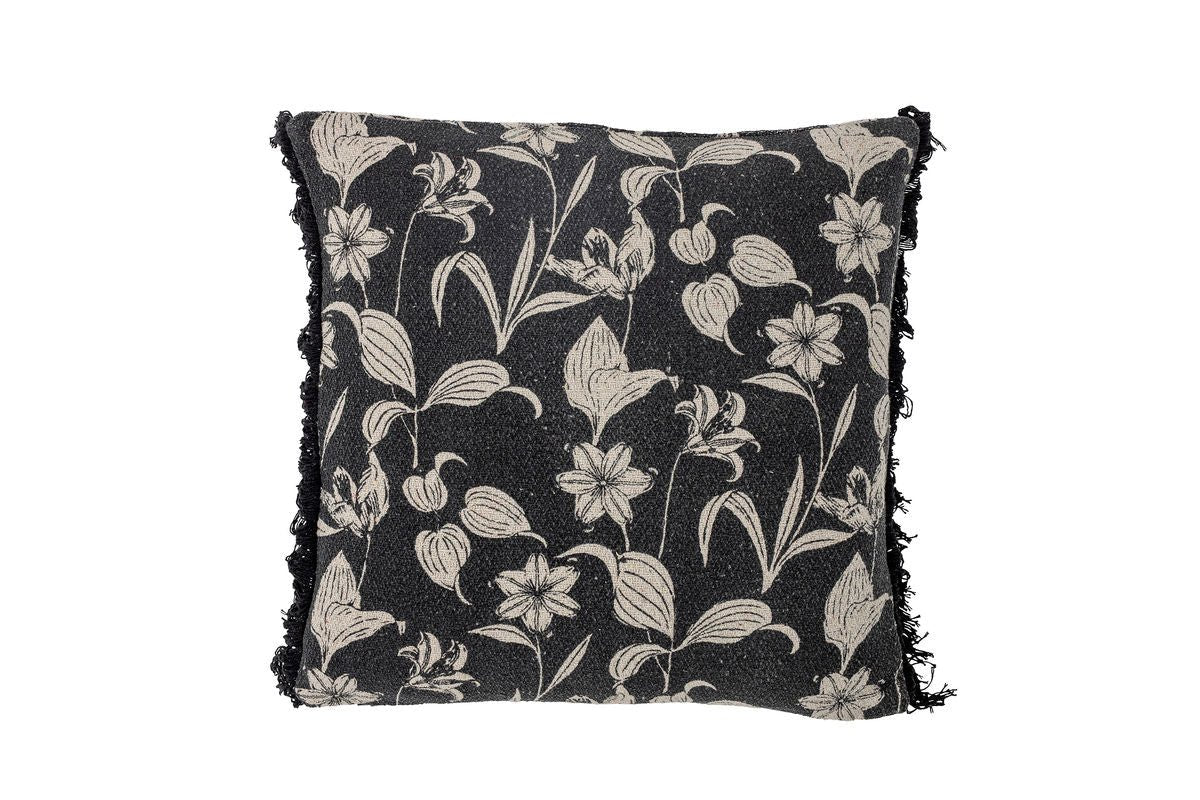 Zierkissen Mari – aus recycelter Baumwolle in Schwarz mit floralem Design