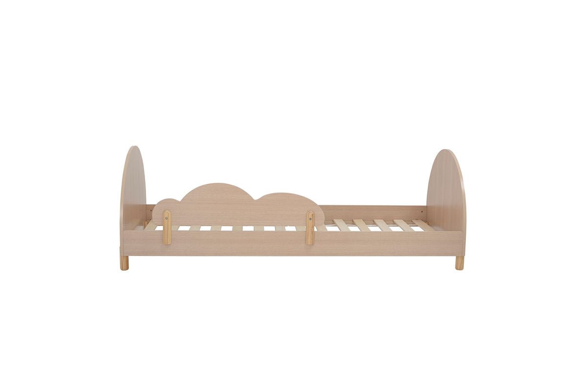 Kinderbett Jalmin – in Holzoptik mit Regenbogen-Design & abnehmbarer Seitenstütze